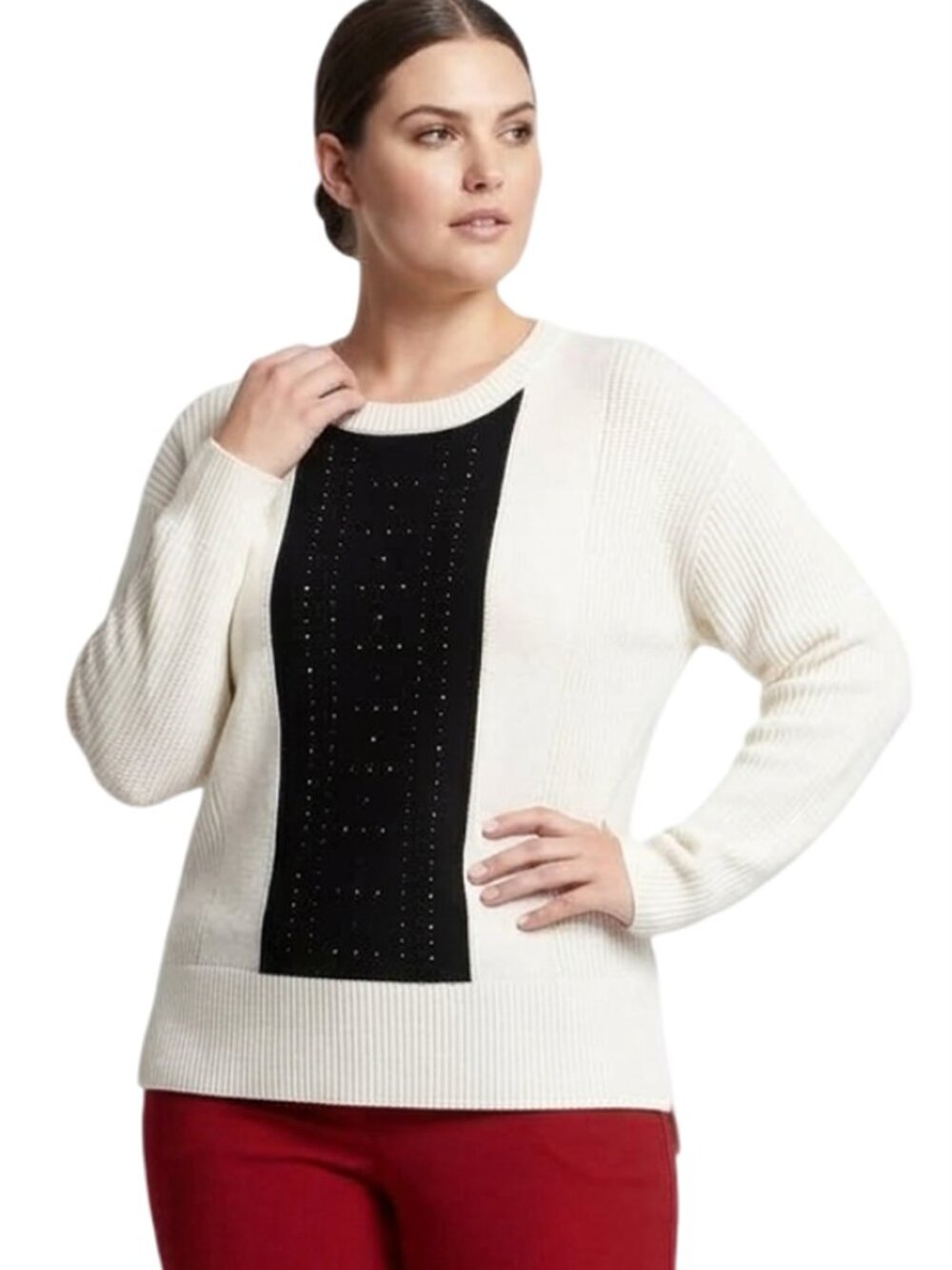 DKNY Cotton Blend Pullover Sweater Color Block Faux Suede with Rhinestud Details